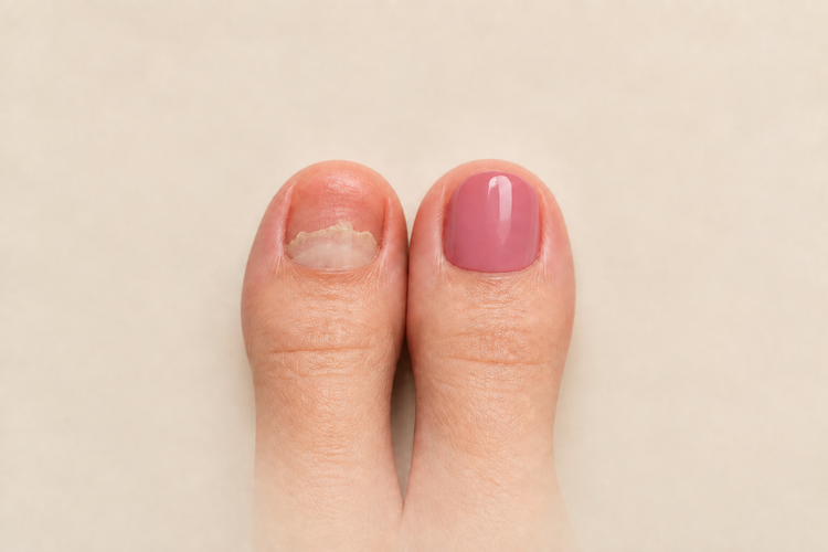 Two toes with a rough-edged partial nail and a painted nail