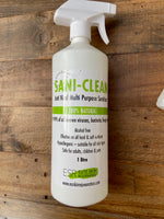 Sani Clean Multi purpose surface  sanitiser , 100% Natural  Vegan friendly :  Kills 99.9% of all known Viruses and Bacteria
